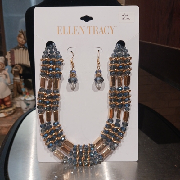 Ellen Tracy Designer Blue & Goldtone Beaded Necklace And Earrings Set - Picture 1 of 5
